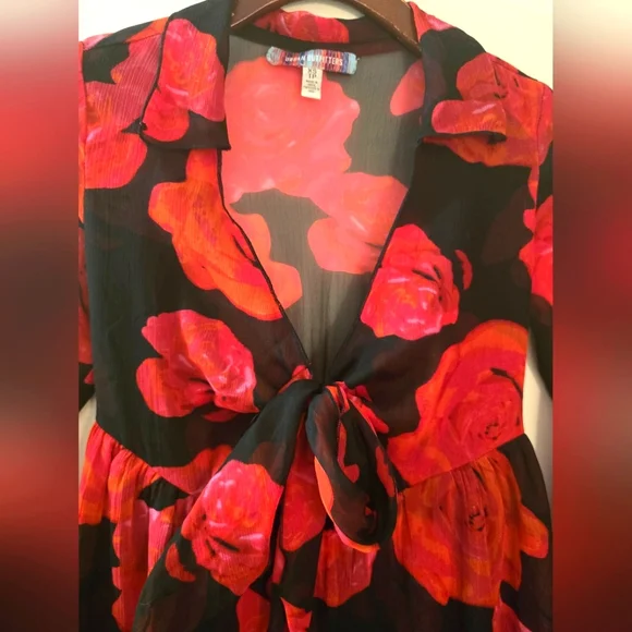 Urban Outfitter Kiki Tie-Front Roses Mini Dress Long Bell Sleeve Cutout Coquette - Picture 8 of 14